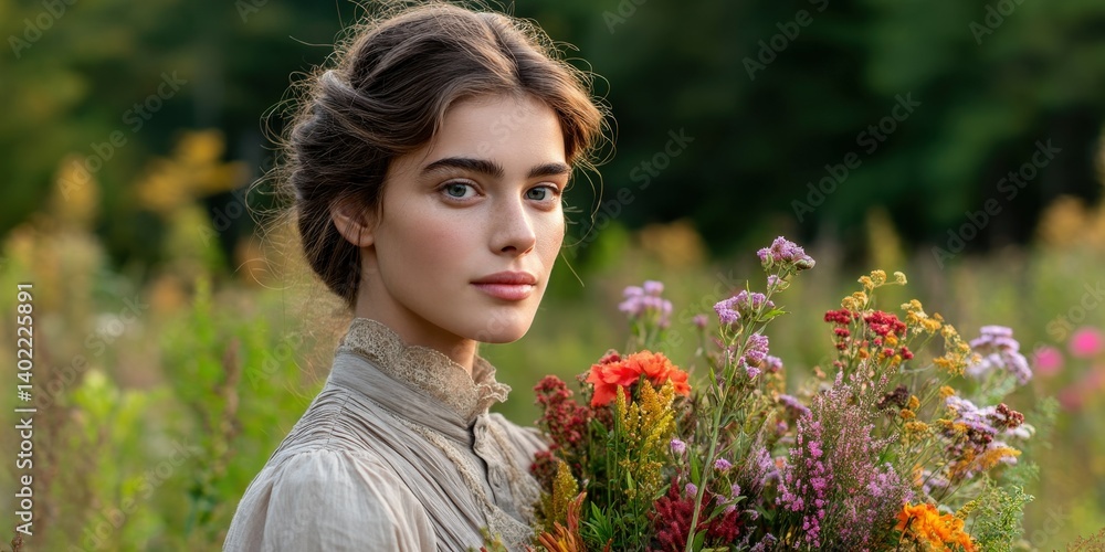Naklejka premium Woman holding vibrant wildflowers in a field