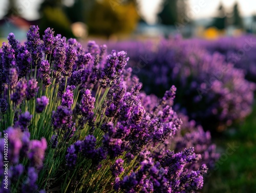 Obraz na płótnie Beautiful lavender flowers in a serene field at sunset w salonie