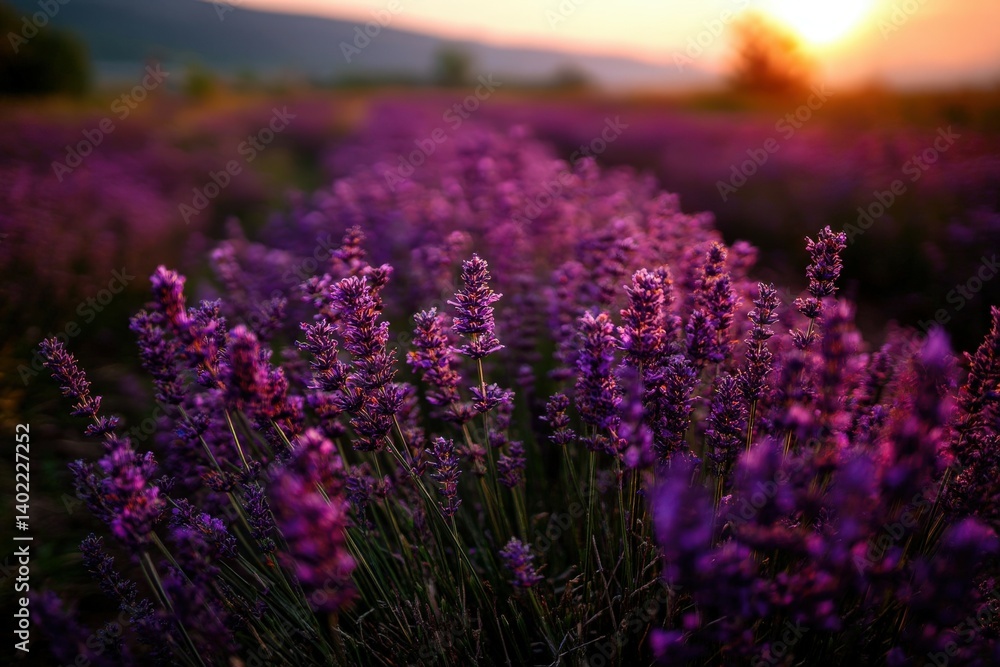 Obraz premium Lavenders bloom amid a vibrant sunset landscape