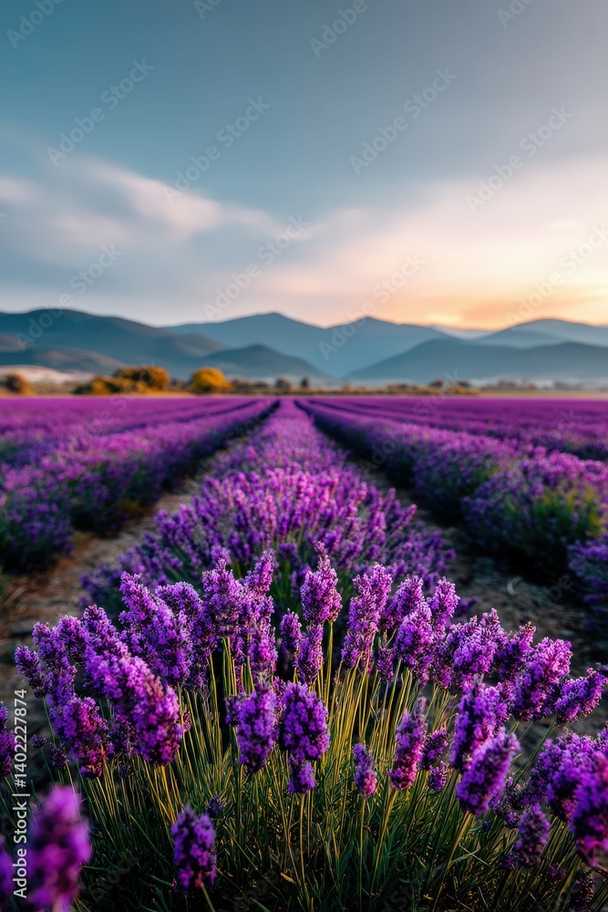 Lavender fields bloom under a golden sunset sky Lavender fields bloom under a golden sunset sky