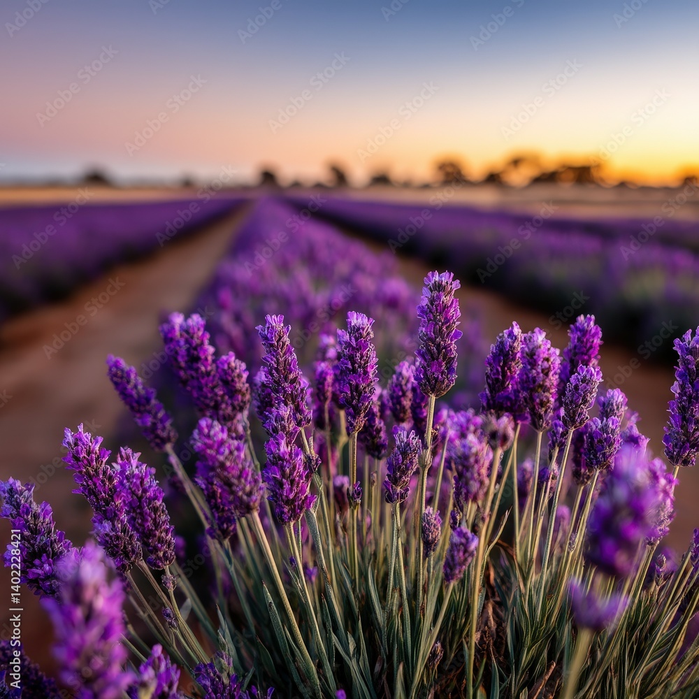 Obraz premium Lavender fields at sunset offer serene beauty