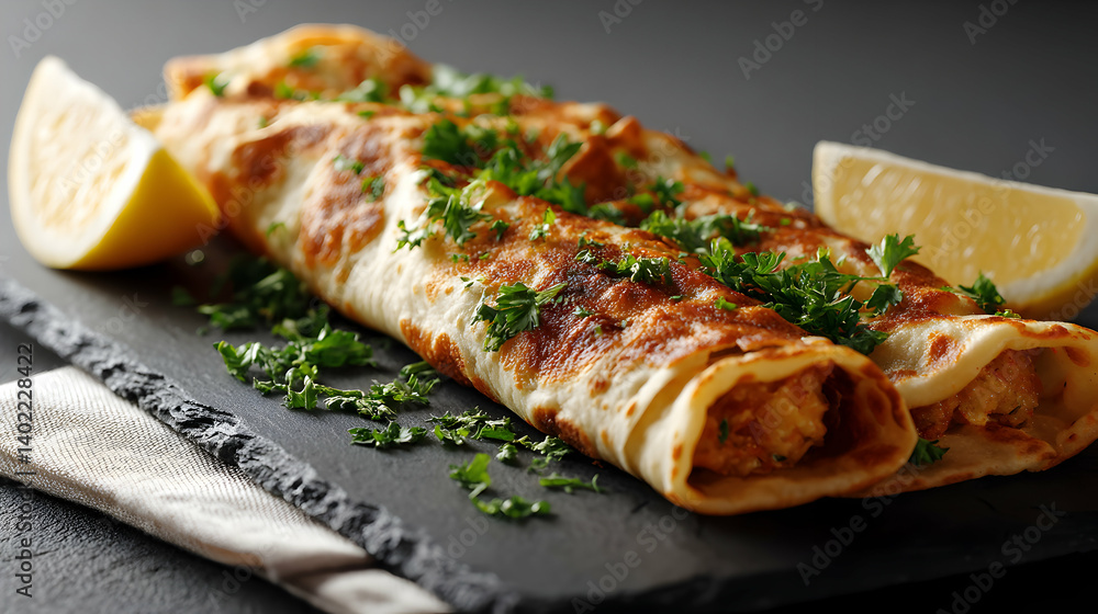 Savory crepes presentation with vibrant fresh parsley and lemon wedges Savory crepes presentation with vibrant fresh parsley and lemon wedges