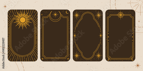 Frame, star ornament. Vintage border, gold lines, mystic patterns, tarot celestial elements. Luxury background, magic astrology. Bohemian decorative objects. Cover design. Vector esoteric symbol