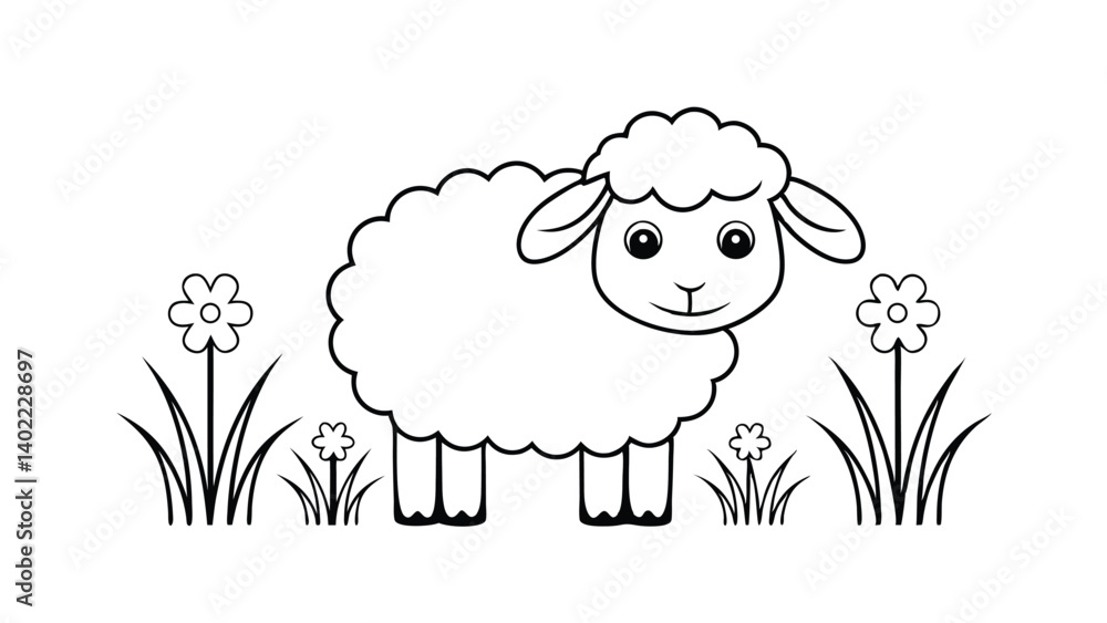 Obraz premium Cute Cartoon Sheep In A Field Of Flowers Black And White Illustration For Coloring Books