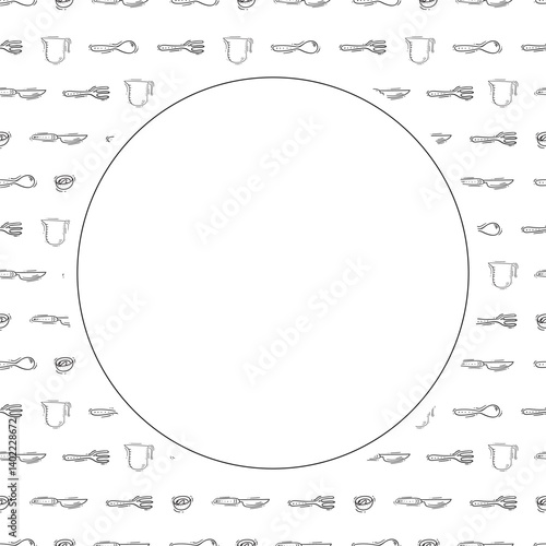kitchen utensil frame. doodle kitchenware circle frame. kitchen background