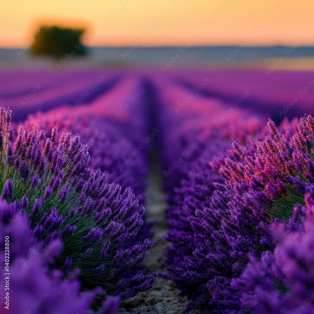 Fototapeta premium Lavender fields bloom under the warm sunset sky