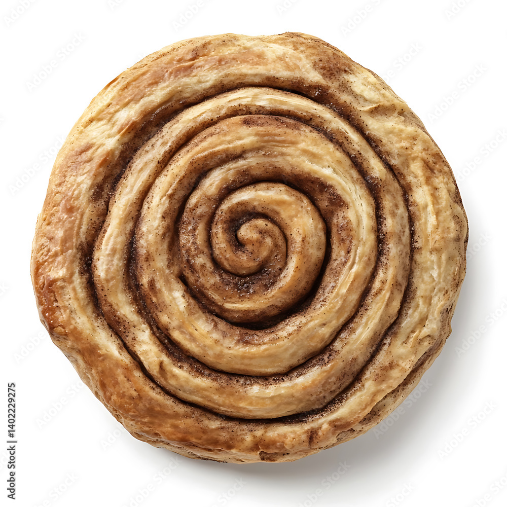 Fototapeta premium Soft and fluffy cinnamon roll with a slightly golden crust and visible swirls of cinnamon filling, isolated white background, modern art style