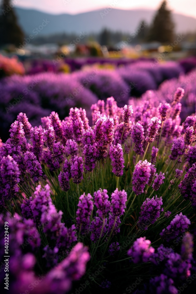 Fototapeta premium Lavenders bloom in a vibrant purple field at sunset