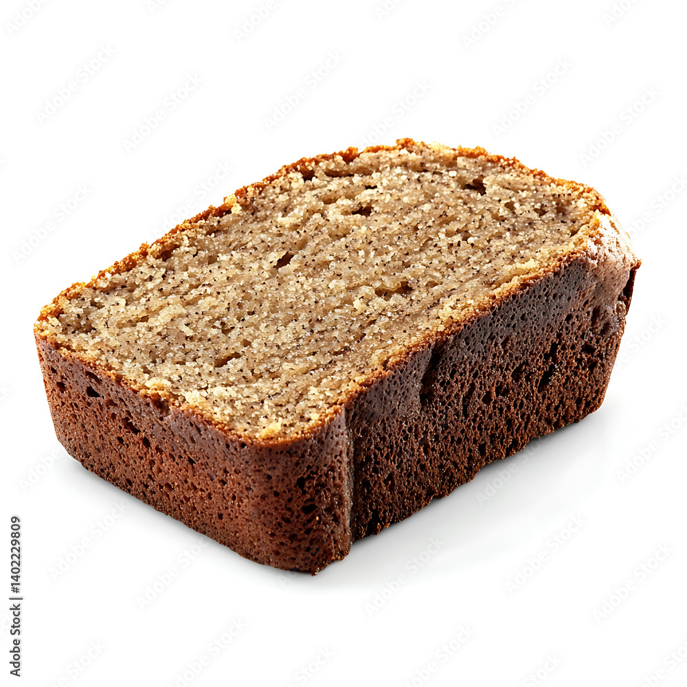 Soft and moist banana bread slice with a slightly cracked top and dense crumb, isolated white background, hyperrealism art style Soft and moist banana bread slice with a slightly cracked top and dense crumb, isolated white background, hyperrealism art style