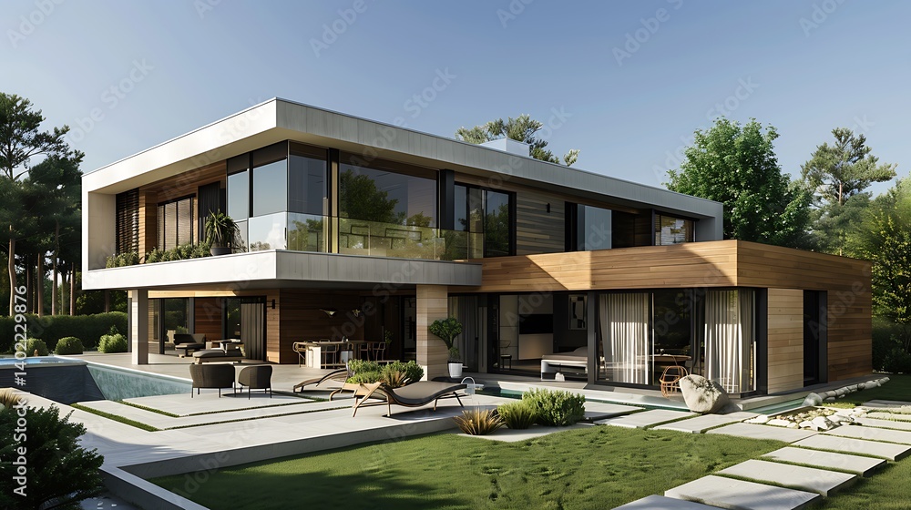 A stunning modern luxury villa with sleek architecture, expansive glass walls, lush green landscaping, poolside lounge area, stylish furniture, and a parked sports car, set in a peaceful natural A stunning modern luxury villa with sleek architecture, expansive glass walls, lush green landscaping, poolside lounge area, stylish furniture, and a parked sports car, set in a peaceful natural