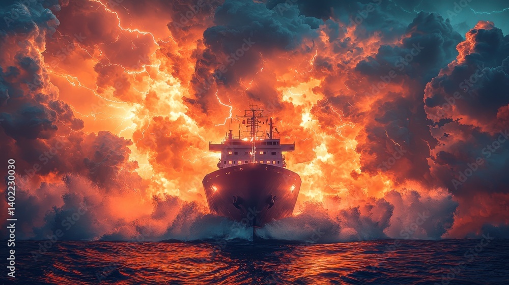 Fototapeta premium Dramatic Stormy Sea with Ship Navigating Through Fiery Clouds