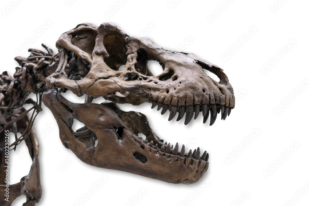 Detailed view of a T-Rex skull highlighting jaw structure and teeth in authentic presentation Detailed view of a T-Rex skull highlighting jaw structure and teeth in authentic presentation