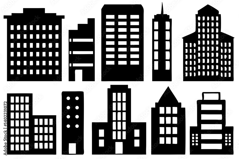Obraz premium Black and white building silhouette vector illustration for city skyline design