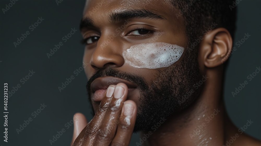 Skincare routine of a young man applying facial cleanser in a modern setting