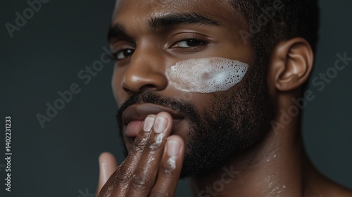 Obraz na płótnie Skincare routine of a young man applying facial cleanser in a modern setting w salonie
