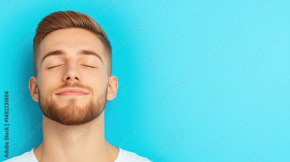 Fototapeta premium A serene portrait of a man with closed eyes, conveying a peaceful expression and tranquility.
