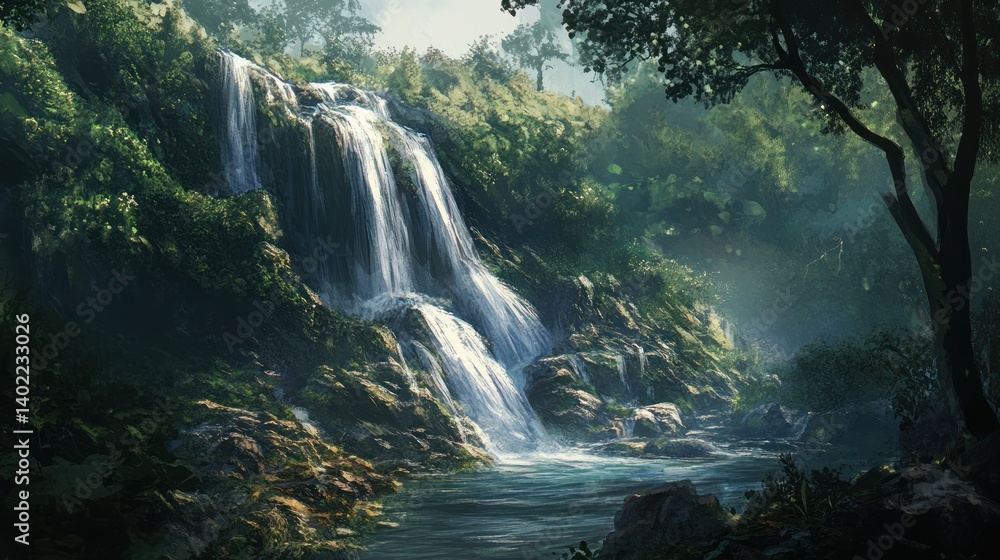 Lush waterfall cascading down rocky terrain in a tranquil forest Lush waterfall cascading down rocky terrain in a tranquil forest