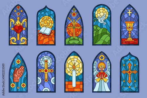 Glass stained. Christmas crucifix. Frame with religious craftsmanship. Mosaic medieval church. Catholic cross in interior. Gothic style architecture. Vector color window tidy ornament isolated set