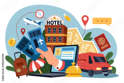Icon travel. Itinerary map ticket. Budget hotel. Passenger hand with passport. Online booking for order trip. Tourism journey. Summer vacation. Bus or plane. Tourist element flat. Vector tidy concept