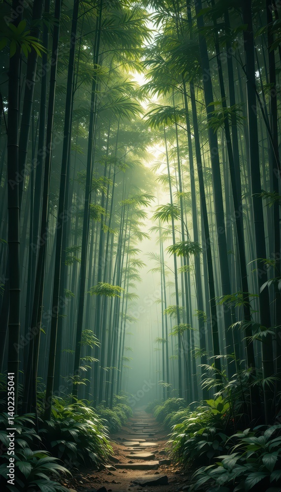 Serene Pathway Through Lush Bamboo Forest With Soft Sunlight Serene Pathway Through Lush Bamboo Forest With Soft Sunlight