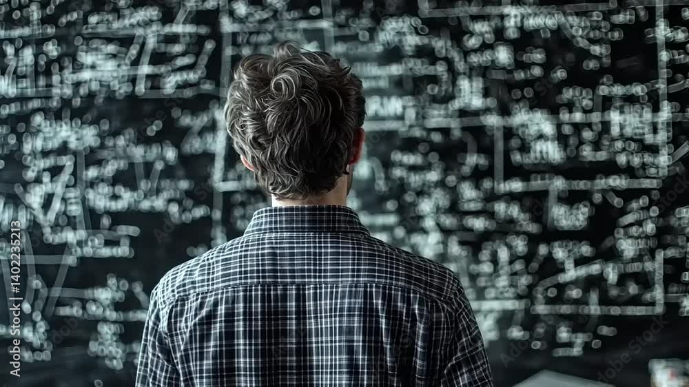 Man in plaid shirt analyzing complex equations on a blackboard in an academic environment Man in plaid shirt analyzing complex equations on a blackboard in an academic environment