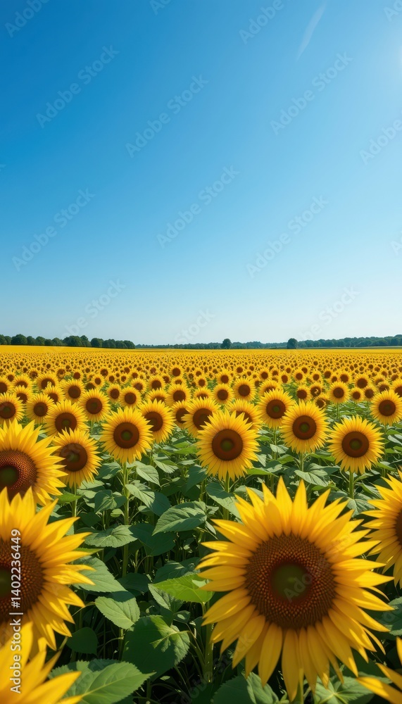 Fototapeta premium Vast Field of Bright Sunflowers Under Clear Blue Sky in Summer