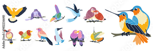 Bird cute. Spring illustration for kids. Feather animals pastel color. Children songbird on branch. Cartoon nature doodle. Cheerful feathered couple. Lovebirds pair. Owl family. Vector sparrows set