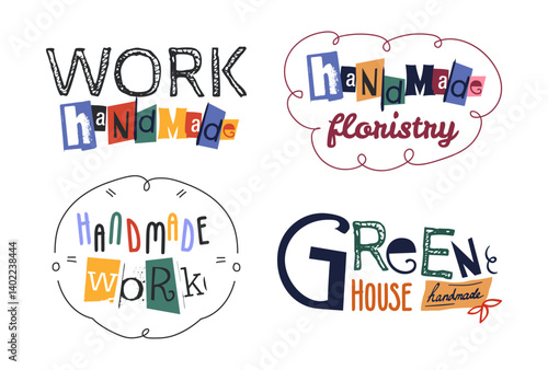 Craft background. Handmade work logo. Artisan workshop sticker. Greenhouse and floristry. Hobby studio icon. Craftsmanship label. Creative doodle font. DIY embroidery. Vector handicraft emblems set