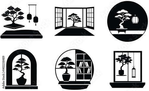 Bonsai at Japanese Tatami Room Silhouette Vector Collection–Traditional Zen Interior Design