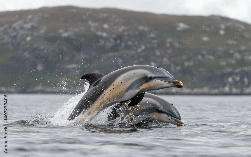 Obraz premium Striped Dolphins Leaping near Rocky Coast