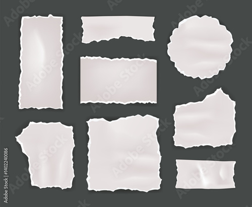 White torn or ripped paper set. Different forms sheets, notebook tear, scrapbook textured edge, empty document list, note and memo mockup, decorative copybook elements, vector isolated illustration