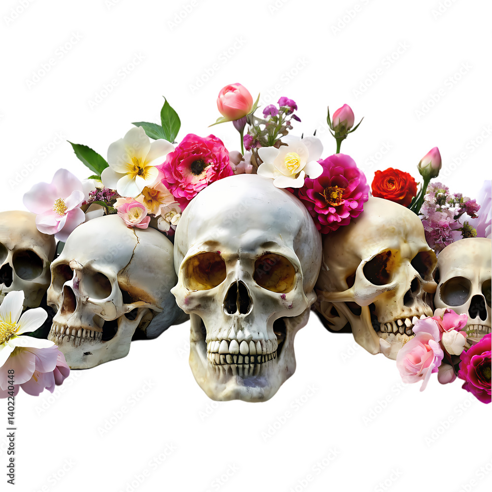 Skulls with Flowers Day of the Dead Image on transparent background Skulls with Flowers Day of the Dead Image on transparent background