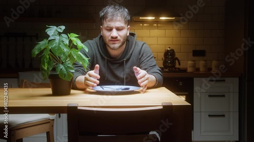Hungry man sitting at kitchen table waiting for food with empty plate and cutlery in hand