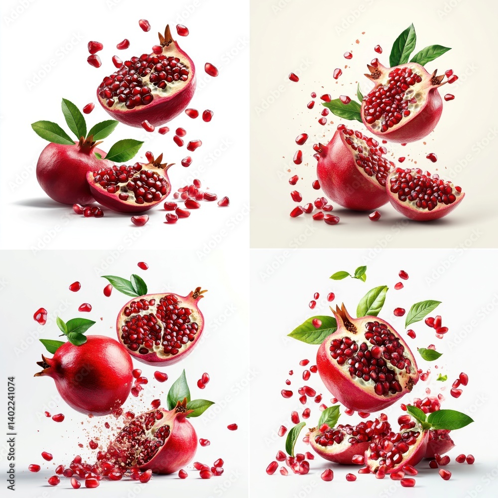 Pomegranate leaves and seeds flying mid-air, isolate on white background. Mix Collection. Pomegranate leaves and seeds flying mid-air, isolate on white background. Mix Collection.