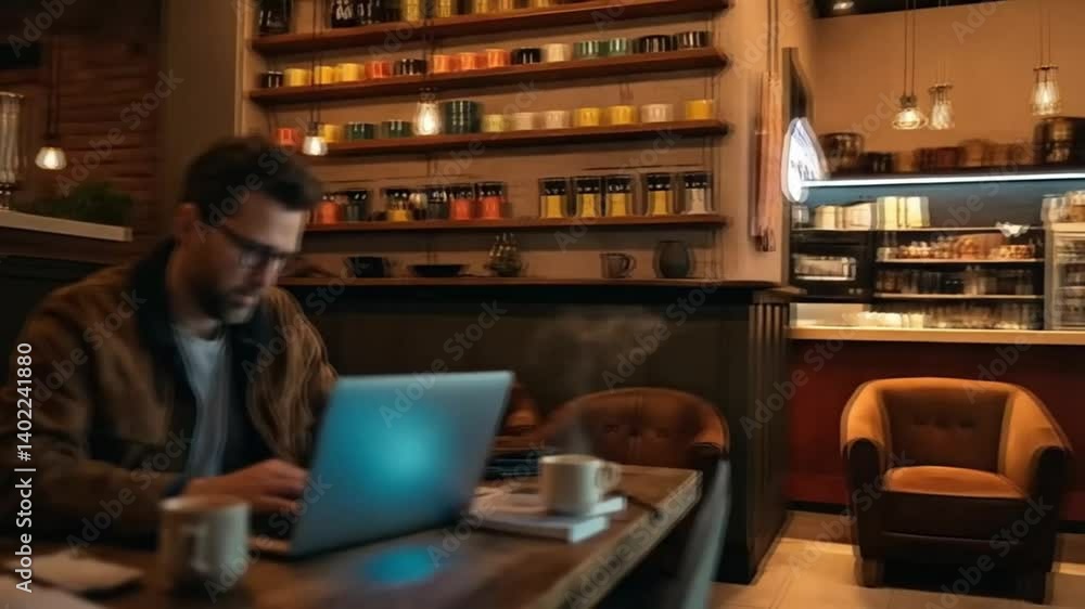 A man is sitting at a table with a laptop and a cup of coffee A man is sitting at a table with a laptop and a cup of coffee