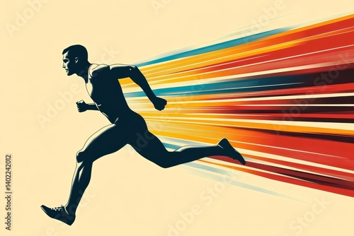 Sprinting man  silhouette. Sprint, fast run. Runner starts running. Start. Vintage Striped Backgrounds, Posters, Banner Samples, Retro Colors from the 1970s 1980s, 70s, 80s, 90s. retro, Generative AI