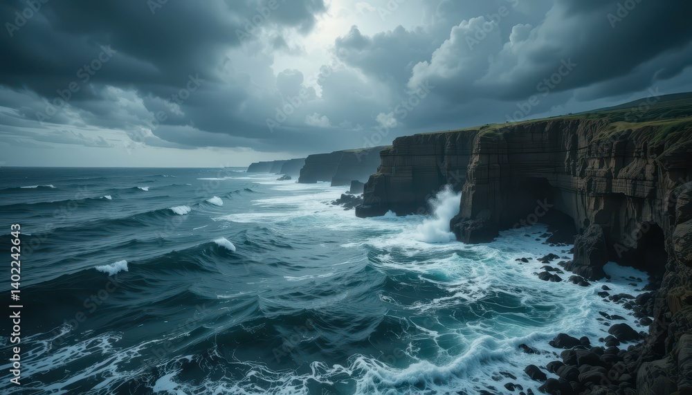 Dramatic Coastal Cliffs Under Stormy Sky with Ocean Waves Dramatic Coastal Cliffs Under Stormy Sky with Ocean Waves