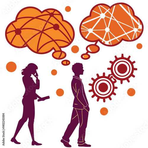 Golden abstract thought bubbles and communication symbols on white background featuring conceptual elements with elegant continuous outline psychology design
