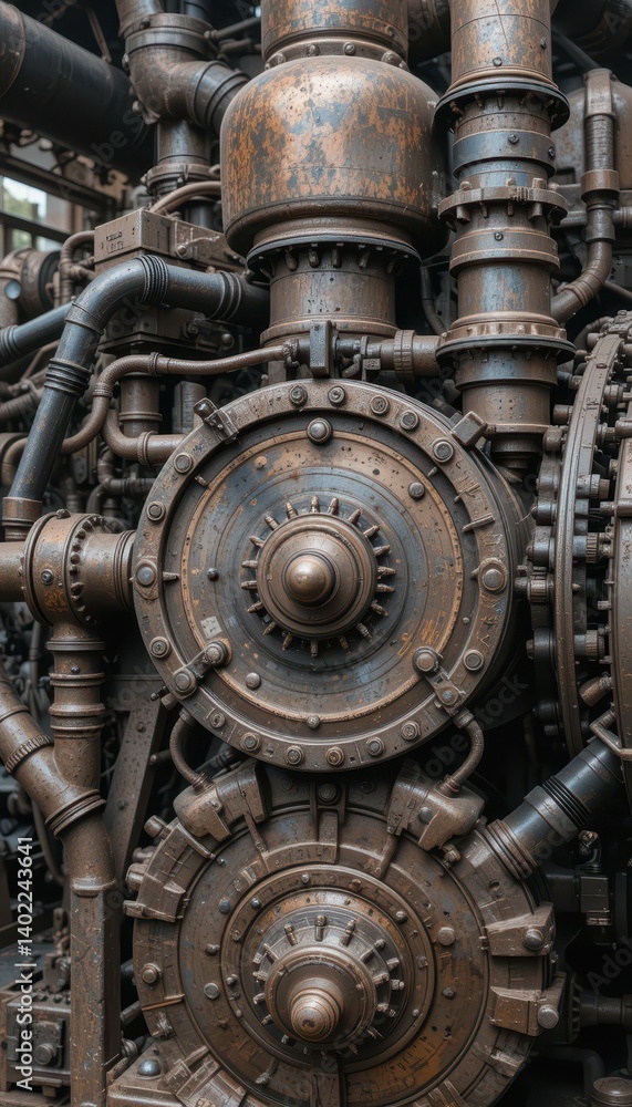 Intricate Steampunk Machine Gears and Pipes in Industrial Setting Intricate Steampunk Machine Gears and Pipes in Industrial Setting