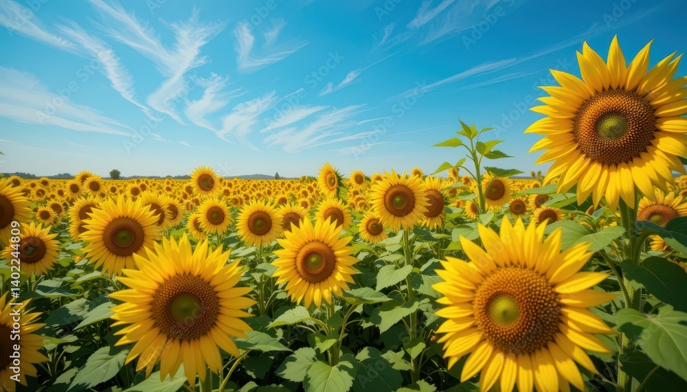 Vibrant Sunflower Field Under a Clear Blue Sky in Summer Vibrant Sunflower Field Under a Clear Blue Sky in Summer