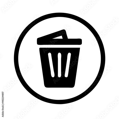 Circular Trash Icon: Simple black and white vector illustration of a trash can with paper inside, a common symbol for deleting or discarding unwanted items.