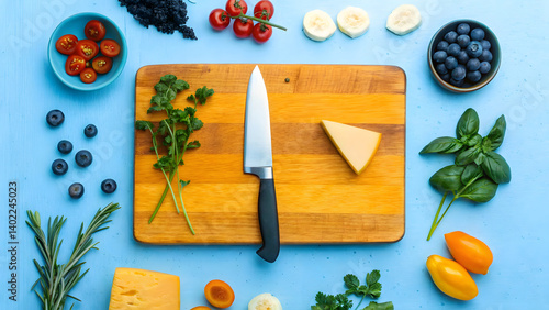vibrant assortment of fresh ingredients arranged around wooden cutting board, featuring knife, cheese, and various fruits and vegetables