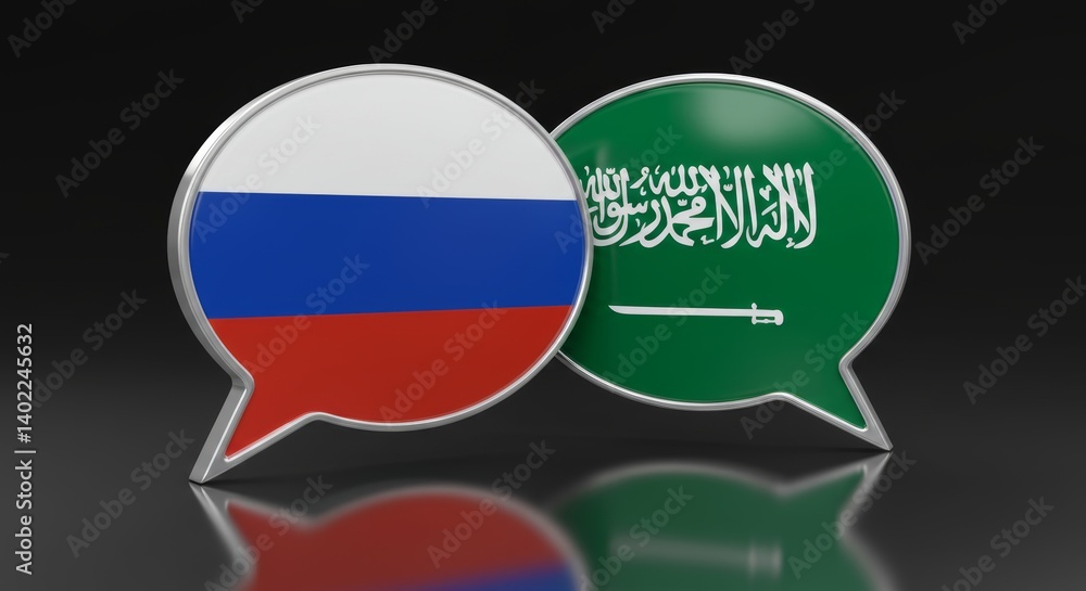 Obraz premium Diplomacy rendered: Overlapping speech bubbles representing Russia and Saudi Arabia