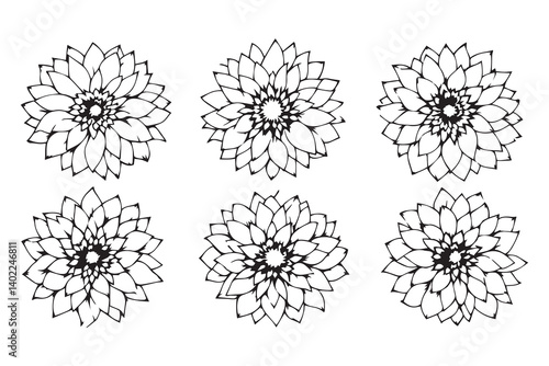 Set of 6 pec in two row  Dahlia black line art on white background