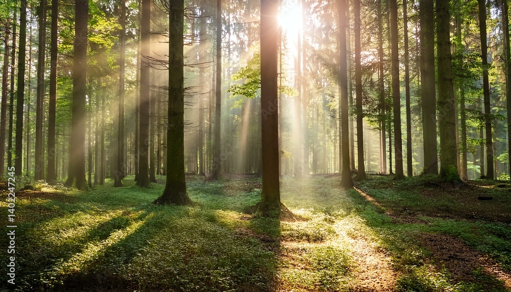 Fototapeta premium Sunlight streaming through trees in a serene forest, creating a peaceful atmosphere.