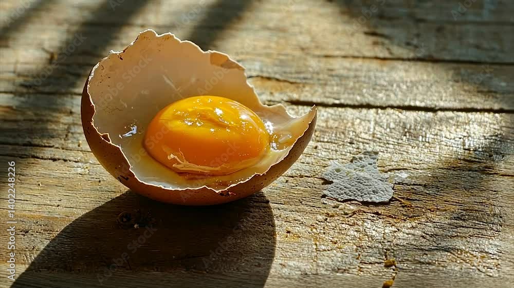 Sunlit egg yolk in cracked eggshell on rustic wood