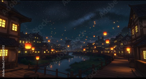 Anime Village at Night with Lanterns and Starry Sky