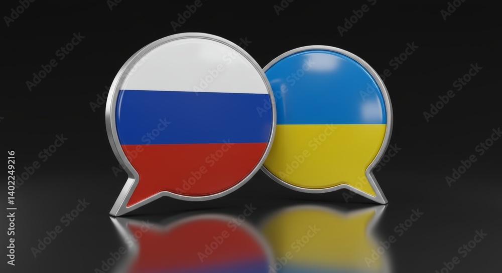 Fototapeta premium Two Overlapping Speech Bubbles with Russia and Ukraine Flags Reflecting Diplomacy