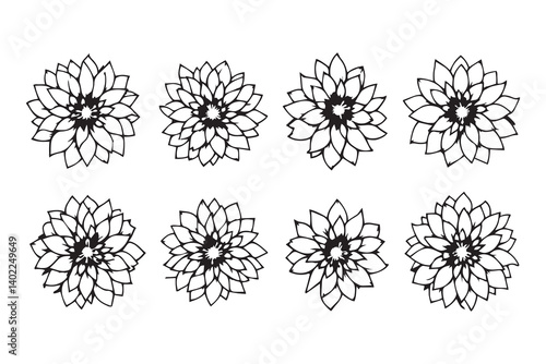 Set of 6 pec in two row  Dahlia black line art on white background