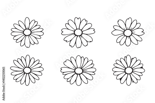 Set of 6 pec in two row  Daisy black line art on white background